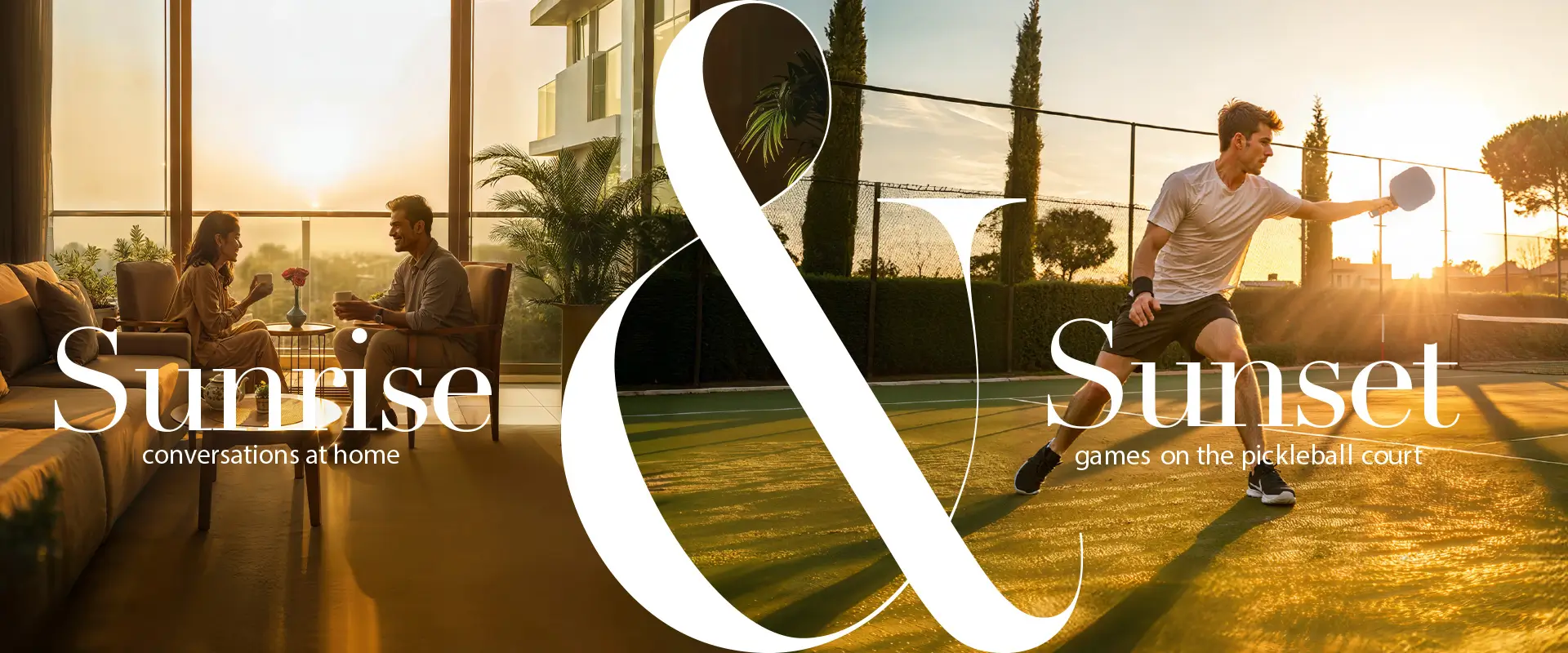 Morning sunrise deck and pickleball court providing a refreshing lifestyle