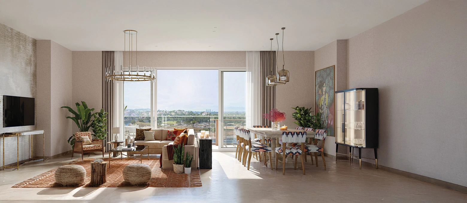 Birla Punya Pune II – luxurious bedroom with modern interiors, large windows & scenic views offering premium living experience.