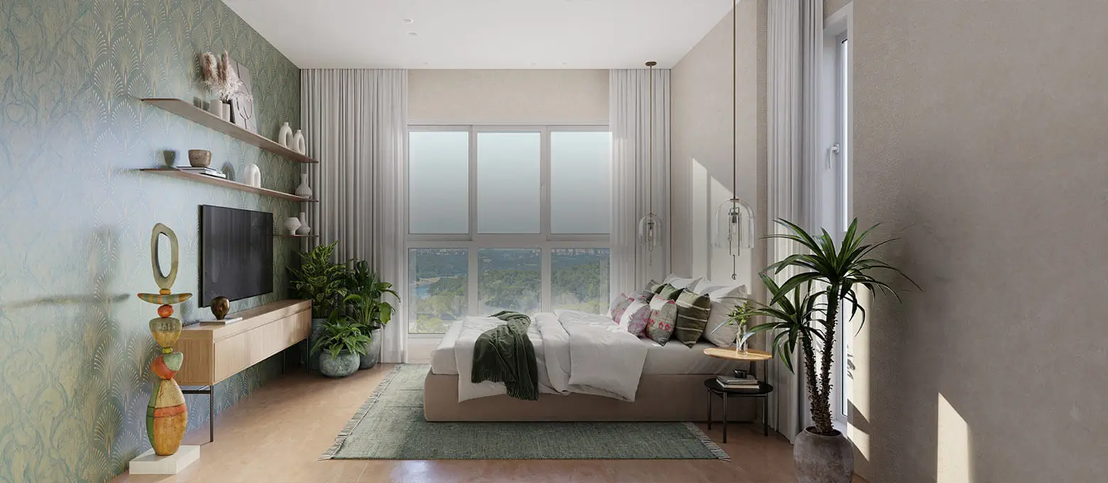 Birla Punya Pune II – luxurious bedroom with modern interiors, large windows & scenic views offering premium living experience.