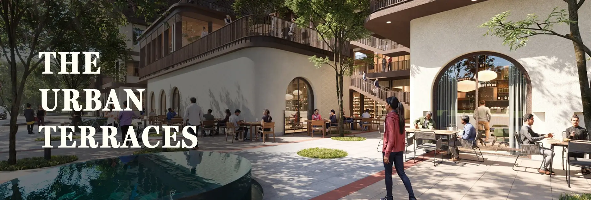 Urban terraces at Birla Punya, Pune – vibrant outdoor café and social space with modern architecture and lush greenery.